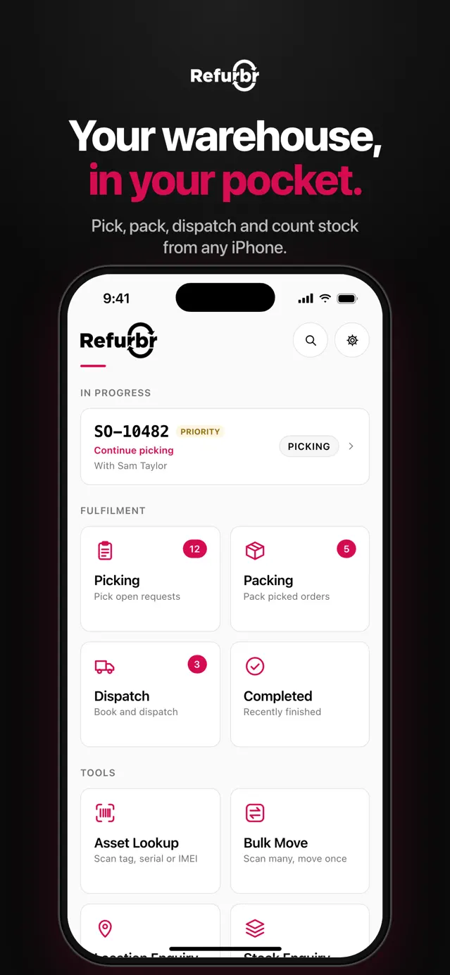 The Refurbr app home screen, showing picking, packing and dispatch