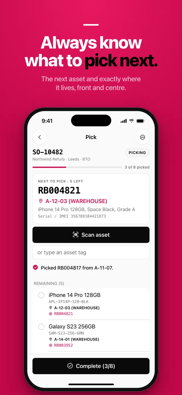 Picking an order in the Refurbr app, with the next item and its location