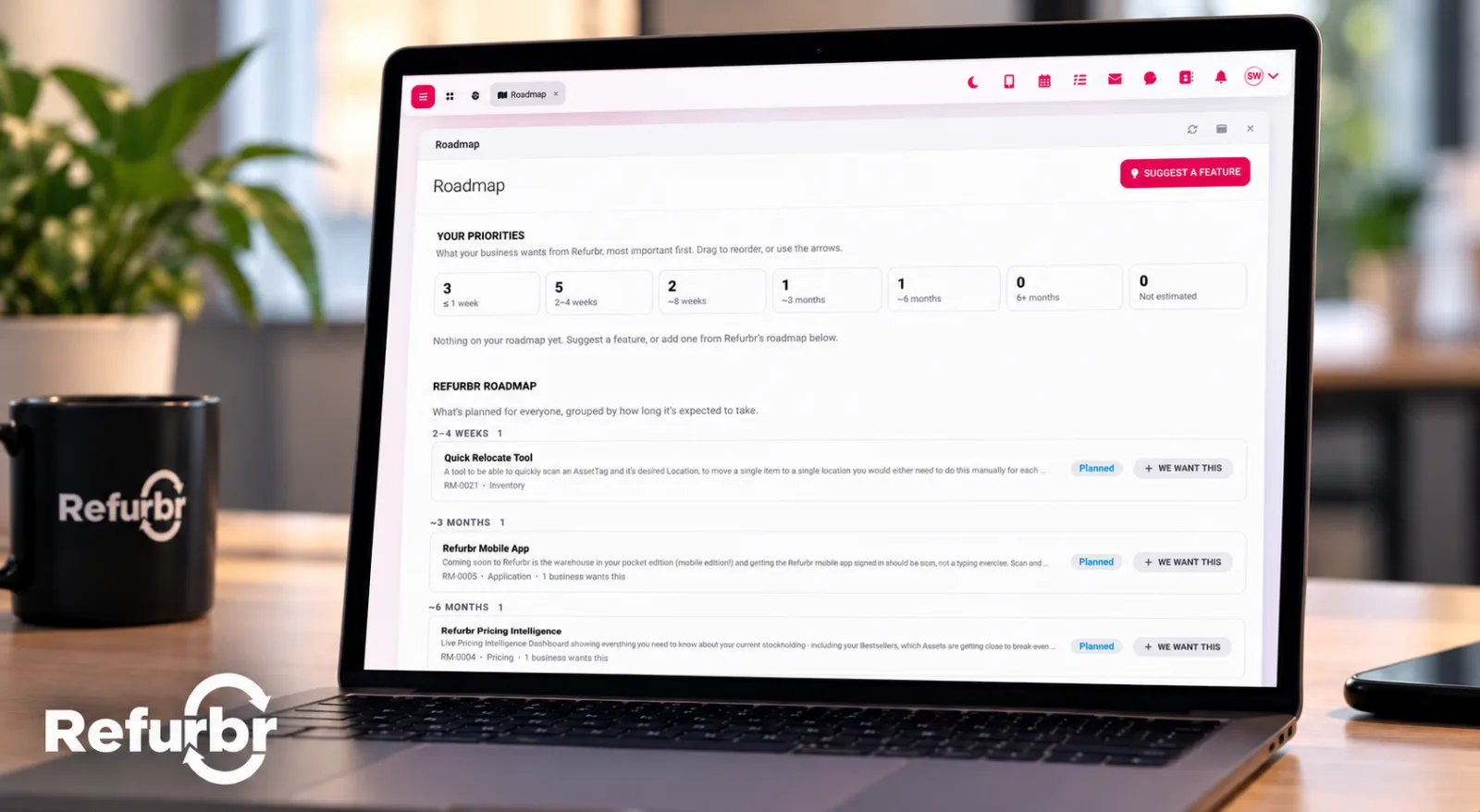 Laptop displaying the Refurbr software development roadmap, with prioritised features, delivery timelines and planned updates, illustrating the custom development capabilities of Refurbr Dedicated.