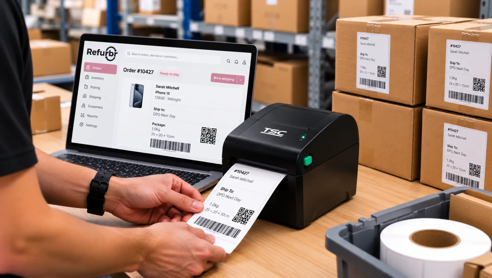Refurbr order management software displayed on a laptop beside a TSC shipping label printer at a warehouse packing station.