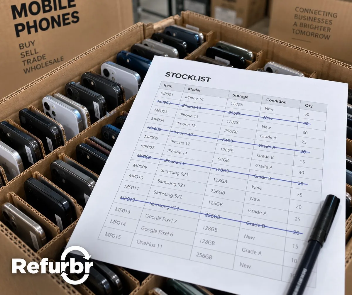 image showing mobile phones in a slotted cardboard box with a printed stocklist on top of the box